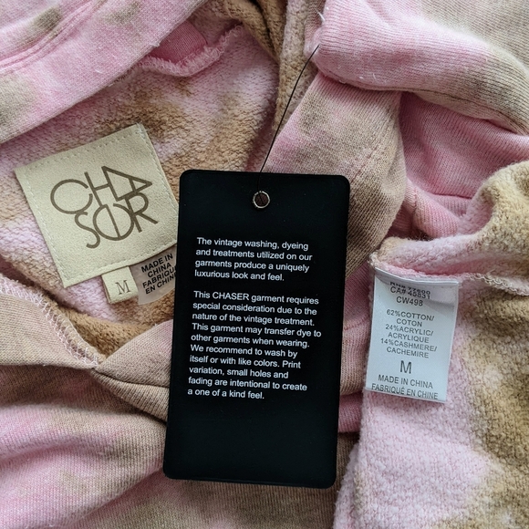 Chaser Hoodie Cashmere Blend Tie Dye Cropped Pullover Pink Olive M NWT - Picture 13 of 14